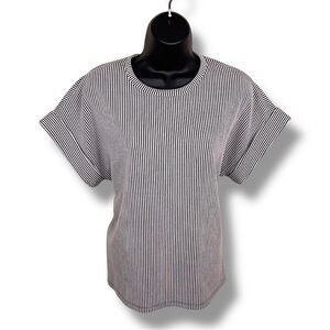 XS Express White Black Belted Striped Top Short Cuffed Sleeve Stretch Classic